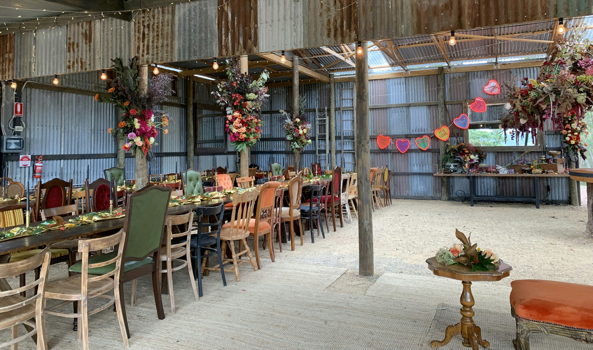 Barn styled for a wedding reception.